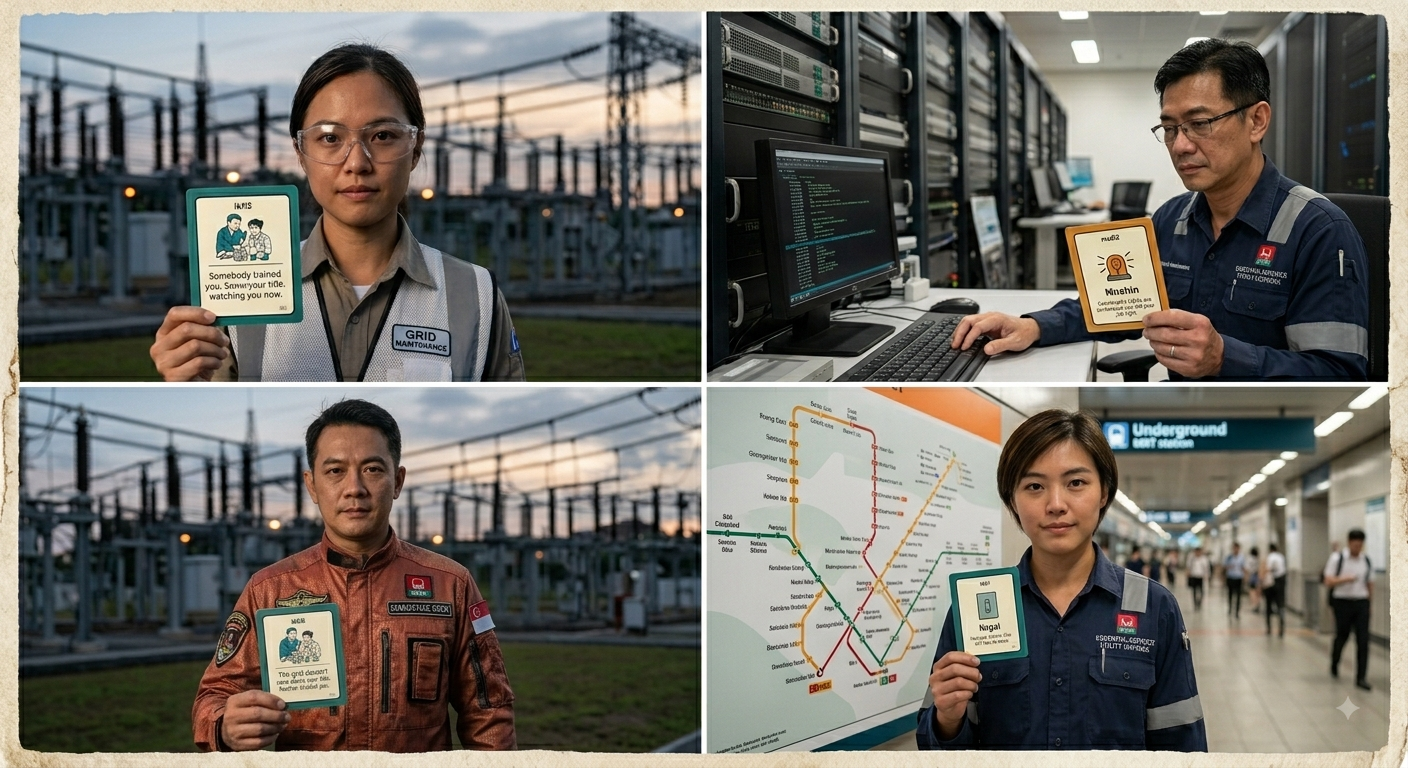 A four-panel campaign scene showing grid, data-centre, and rail workers holding Messages To Me cards